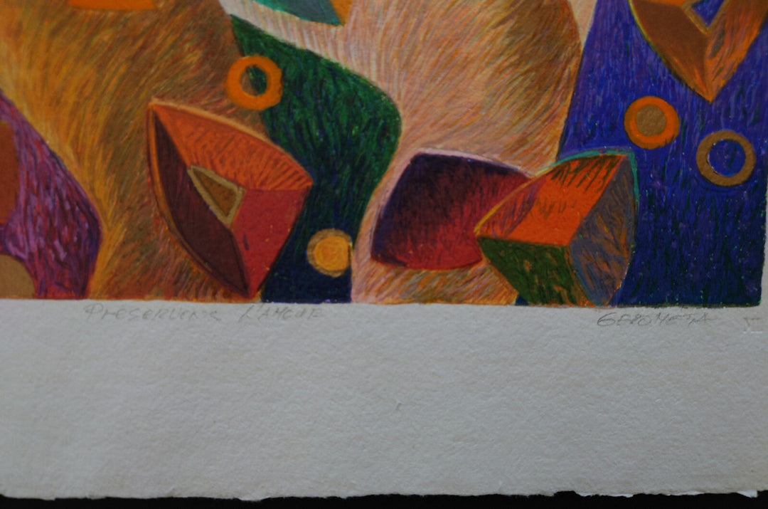 A close-up of an abstract art print or painting on textured paper, featuring colorful geometric shapes in orange, green, blue, red, and purple above a wide white margin with handwritten signatures.