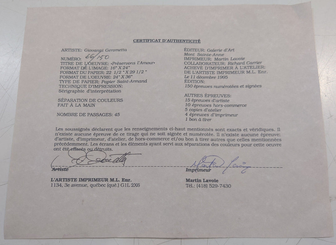 Certificate of Authenticity for a piece of art with text and signatures.
