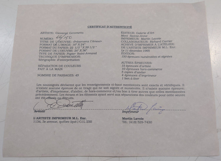 Certificate of Authenticity for a piece of art with text and signatures.