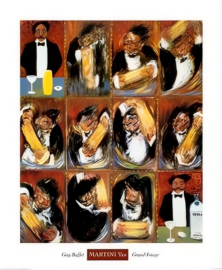 Guy Buffet’s Martini Yes print showing a tuxedoed bartender vigorously shaking a cocktail shaker across twelve illustrated panels.