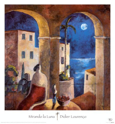 A woman in a red dress sits at a table overlooking other buildings and the moon lit ocean through arches. The full moon shines in the dark blue sky.