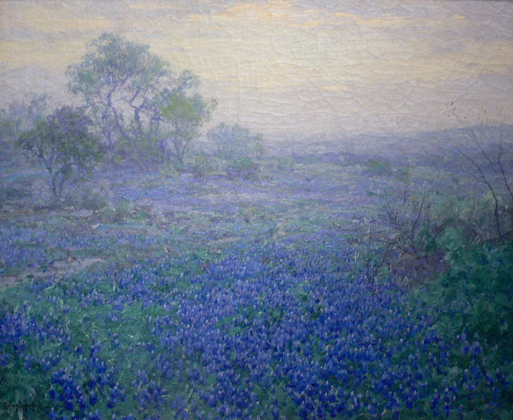 painting of a field of blue flowers getting swallowed up by mist, trees in the distance