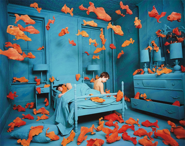 "Sandy Skoglund - Revenge of the Goldfish, extremely rare original vintage print 34"×27.5", iconic conceptual photography installation with terracotta-sculpted goldfish suspended in blue-toned room, all effects in-camera, never framed vivid colours intact"