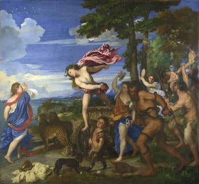 A nude man in a wreath crown and with only a pink sheet of fabric to cover himself. He leads a procession of robed women and satyrs/fauns, who are coming out of the woods, as he stands on a chariot pulled by two cheetahs. Past his chariot is a blue robed woman faces him. A valley is spread out in the background.
