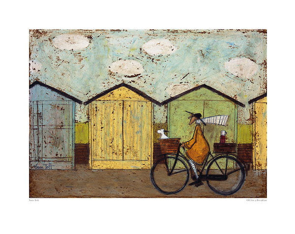 "Sam Toft fine art print – Off for a Breakfast: figure in orange coat cycling past colourful beach huts under a blue sky with white clouds"