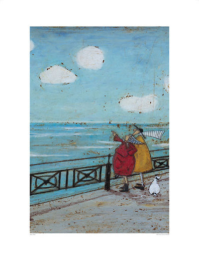 A man in a yellow coat stands with a round woman in a red coat. They stand near the water, the woman pointing up at the clouds dotting the blue sky. Their white dog sits by the man's feet.