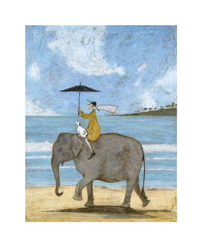A man in a yellow coat rides an Asian elephant while holding an umbrella. His white dog siting on the elephant with him in his lap. They ride along the water's edge of a tropical beach.
