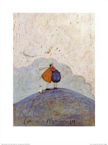 "Sam Toft fine art print – Love on a Mountain Top: man in yellow coat embracing woman in blue coat on a blue hill with their white dog"