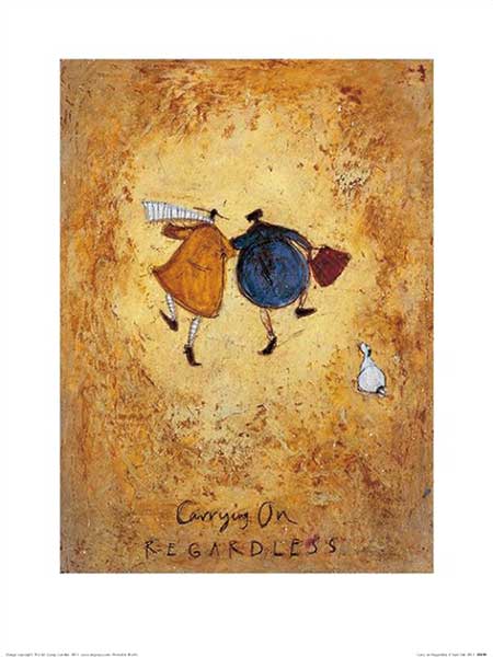 Sam Toft print – Carrying on Regardless, Mr. Mustard and Violet stride forward arm in arm against a warm golden background, Doris the white dog trotting along behind them — Incurable Collector