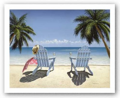 Two, white muskoka chairs on a tropical beach. The chairs have glasses of wine on their arms. On chair has a hat rest on it and a pink blanket on its other arm. Palm trees lean over the chairs as they look out at the blue sea and sky. 