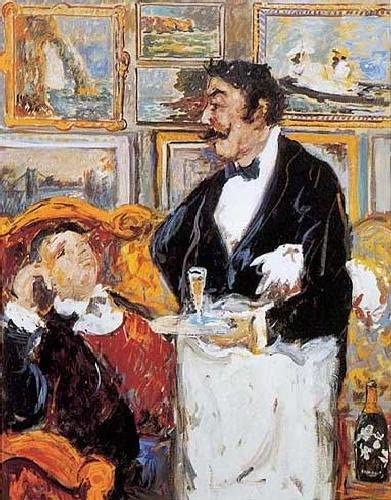 A waiter in a black tuxedo and bow-tie. He has a black handlebar mustache. He holds a tray with champagne on it as he stands next to a gentleman reclining in a gilded armchair. Painting appear in the background.