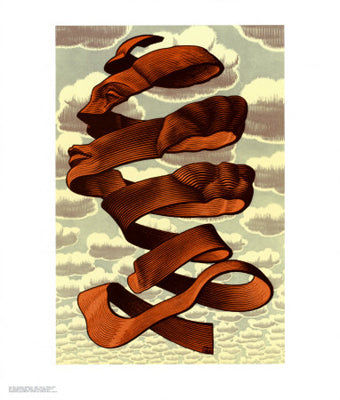 A head made of red, unraveling ribbon. Set against a sky full of clouds.