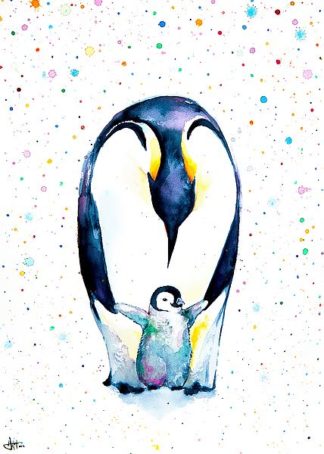 An emperor penguin and its baby who stands in front of it. The parent looks down at its baby, holding their wings with its own. Colourful speckles dot the page.