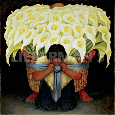 A Mexican woman in a poncho and a long, black skirt. She carries a large basket of large, white flowers, the basket tied to her by a blue ribbon. She is kneeling, her face down. Someone appears to be standing behind the basket.