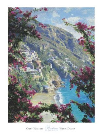 A view of a coastal town on a cliff side, a beach at the foot of the cliff. The cliffs slope down towards to the water. The view is obscured by some pink flowers, as if peeking out from them.