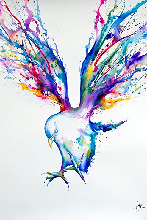 A bird whose wings explode into vibrant splatters. Set on a pale background.