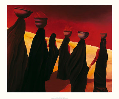 Figures in long, dark clothes carry bowls of water on their heads as they cross the desert. The sky is a looming red. 