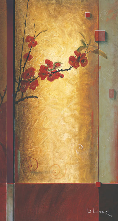 Red flowers blossom along a branch set on a gold pillar and abstract background.