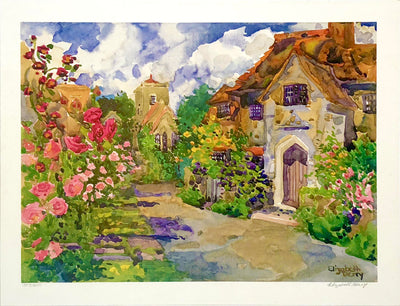 Watercolour of an old town with man lush flowers and bushes. The house on the left is made with stone. A church tower can be seen in the distance. The road is dirt. 