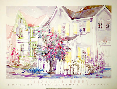 Watercolour print of a two storey, yellow house with a white picket fence. A large rosebush towers over the fence, blocking some of the house from view. 