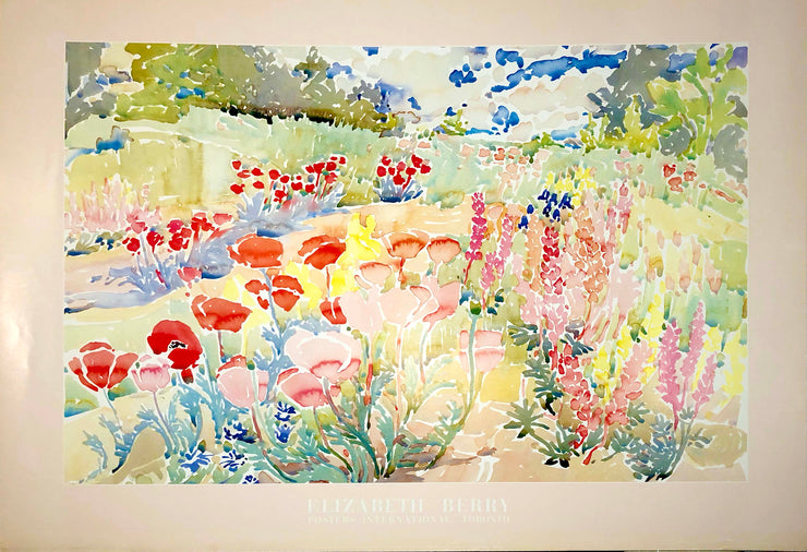 Watercolour print of red, yellow, and pink flowers in a field. Green hills and trees stand on either side of the field. 