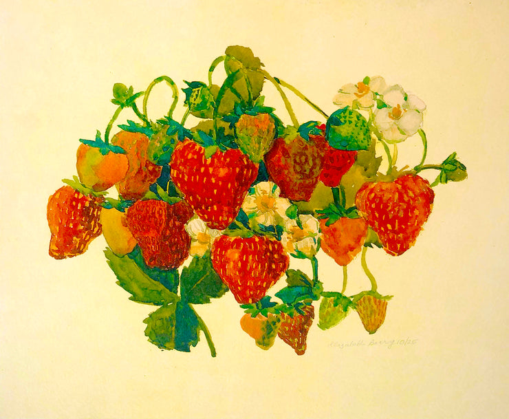 A Watercolour of strawberries clumped together. Some of the berries are still green or yellow. The leaves around the berries and their stems are a vibrant green, with some blooming, white flowers. They are all set against a yellow background.