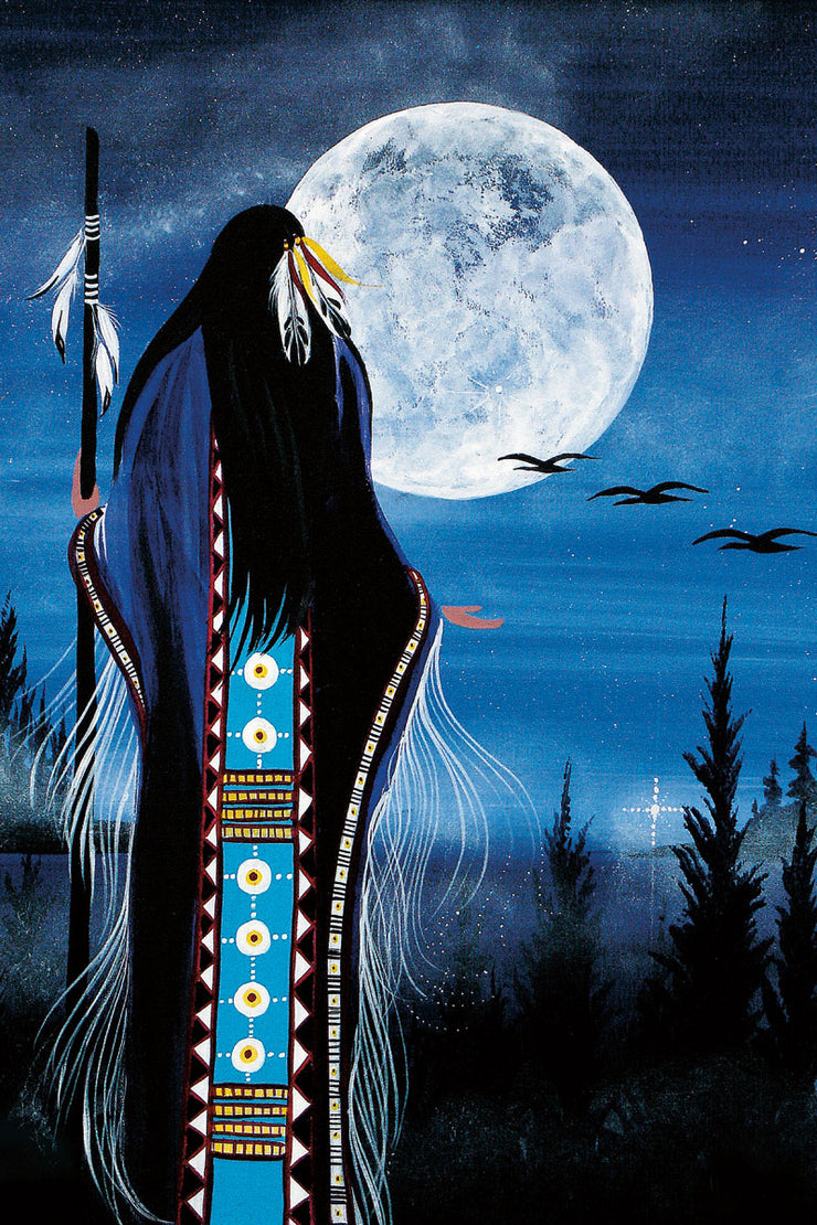 A long haired woman with feathers in her hair and on her staff. She stands in the blue night under the full moon. Silhouetted birds fly over the treetops.
