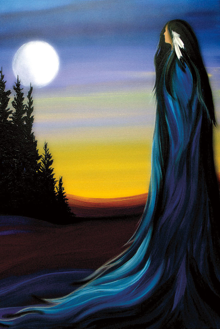 A woman with feathers in her dark hair. She wears a long, blue gown. She looks at the moon over the trees as dawn approaches.
