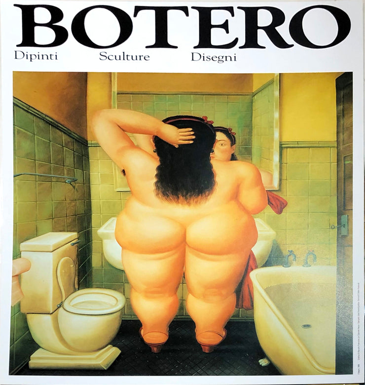 A large, nude woman stands in her heeled shoes in a tiled bathroom while looking in a mirror. A toilet sits to her left and a bathtub to her right.  Dimensions: 13.25" x 19.5"