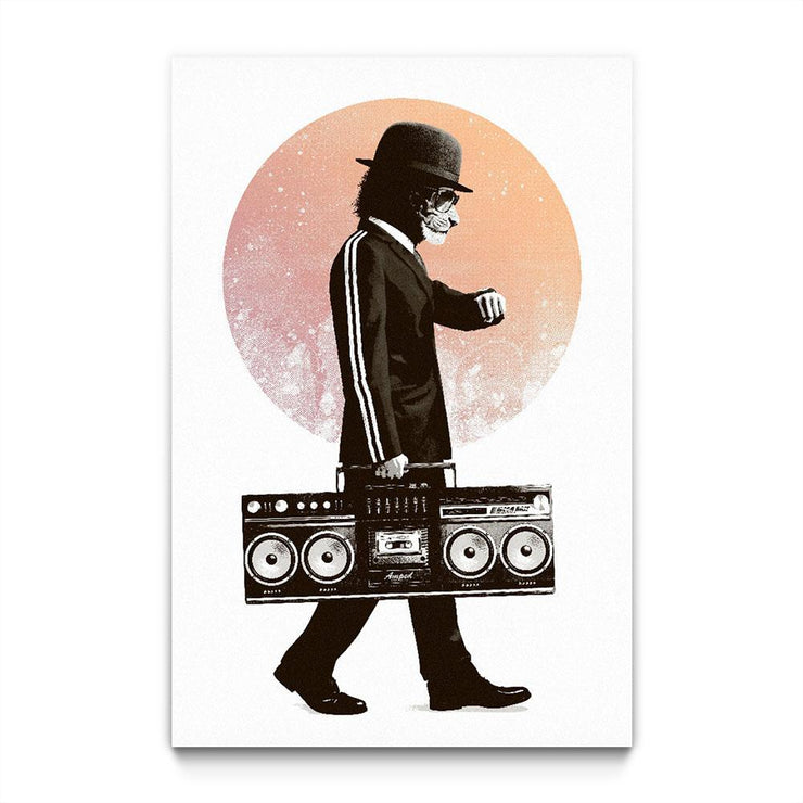 Black and white lion headed﻿ man in a bowler hat and black track suit with white stripes. He looks at his watch as he carries a boombox. A peachy circle is behind him.