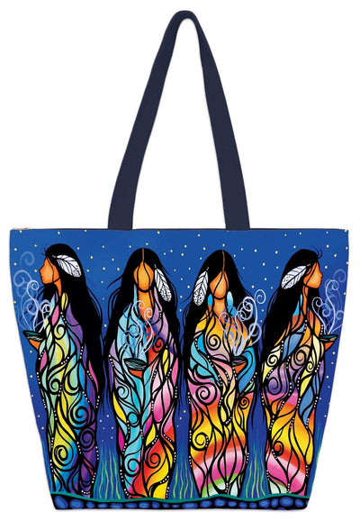 Four women in colourful gowns hold small bowls with smoke rising out of them. They each have a feather in their hair. Set on a tote bag.