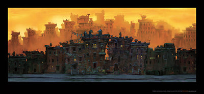A city skyline. Buildings line the street, their facades old and crumbling. Some buildings still have lights on in them. Behind these buildings stand more like them in the background, a hazy orange.