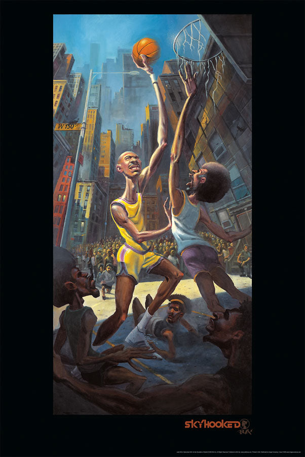 Two black men are playing basketball. One is in a yellow outfit and is bald, the orange basketball in his hand, which he is about to dunk in the basket. Other man with an afro and white shirt tries to block the other man. Several other people circle them, watching them play. Buildings tower above them in the background. 