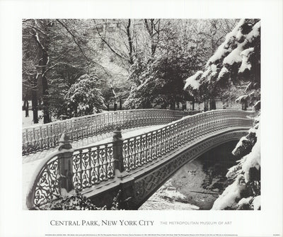 A black and white photo print of a snow covered bridge in Central Park, in New York City. The railing has a complicated, decorative pattern. The surrounding trees are also covered in snow. 