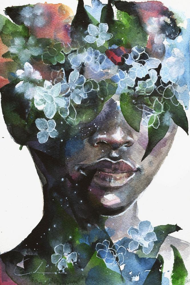 An illustrated portrait of a woman with dark skin. Blue flowers and green leaves decorate and cover her body, covering her face above her nose. Set on a white background.