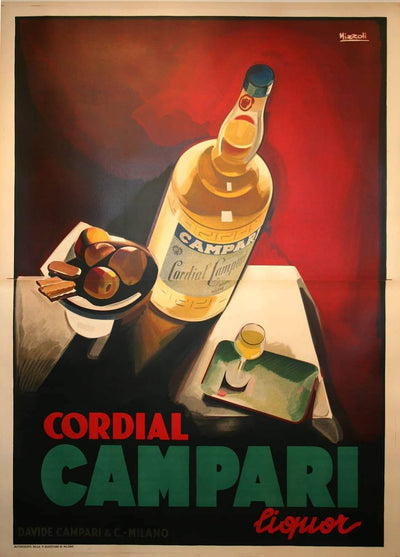 Image Text: Cordial Campari Liquor.  Image: A bottle of Campari on a tablecloth. Next to it is a dish with apples and biscuits, and on the other side a small, filled glass on a small platter. Set against a red background.