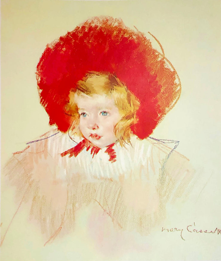 A blonde caucasian child in a red bonnet.  Dimensions: 22.5" x 28.5" paper / 17" x 20" image