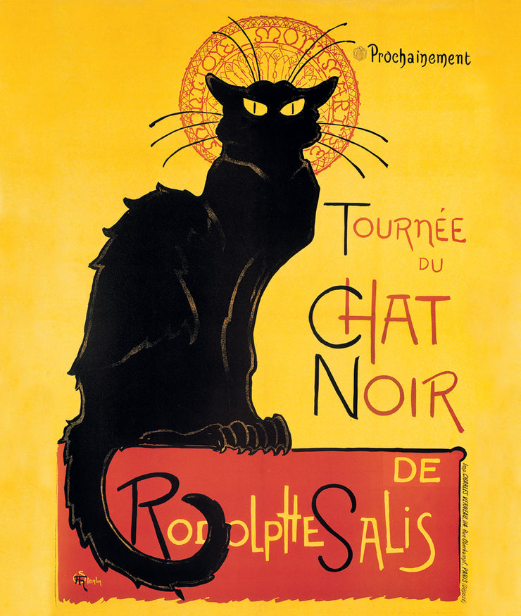 A black cat against a yellow background. A stylized red halo sits behind the cats head. It sits on a red surface. Includes text on the image: Tournee du Chat Noir de Rodolphe Salis.
