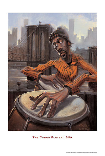 A black man playing two conga drums while in an orange shirt and a brown beanie. New york city and the brooklyn bridge are in the background.