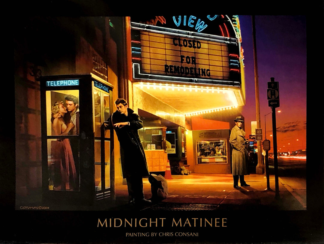 Outside of a classic movie theatre at sunset. Theatre sign reads "Closed for Remodeling." Marilyn Monroe and Elvis Presley kiss in a phone booth. James Dean leans against the phone booth and watches. Humphrey Bogart stands in a trilby and trench coat and looks at James Dean.