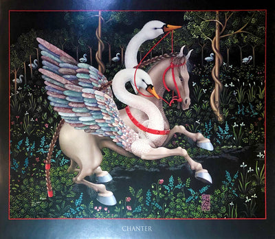 A braided horse with wings and two white swan heads prances around the forest.   Dimensions: 25.5" x 20.5"