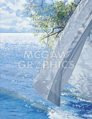 A white, billowing curtain obscures the view of a tree over shimmering water under a cloudy, blue sky. 