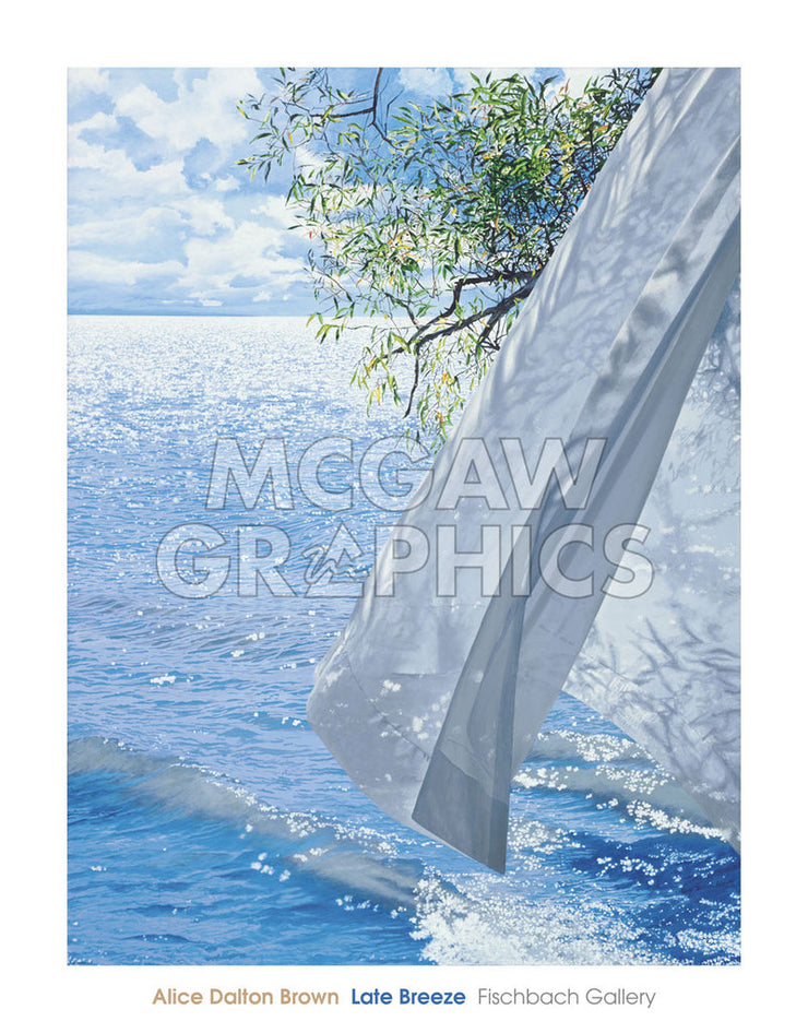 A white, billowing curtain obscures the view of a tree over shimmering water under a cloudy, blue sky.  Text under image.