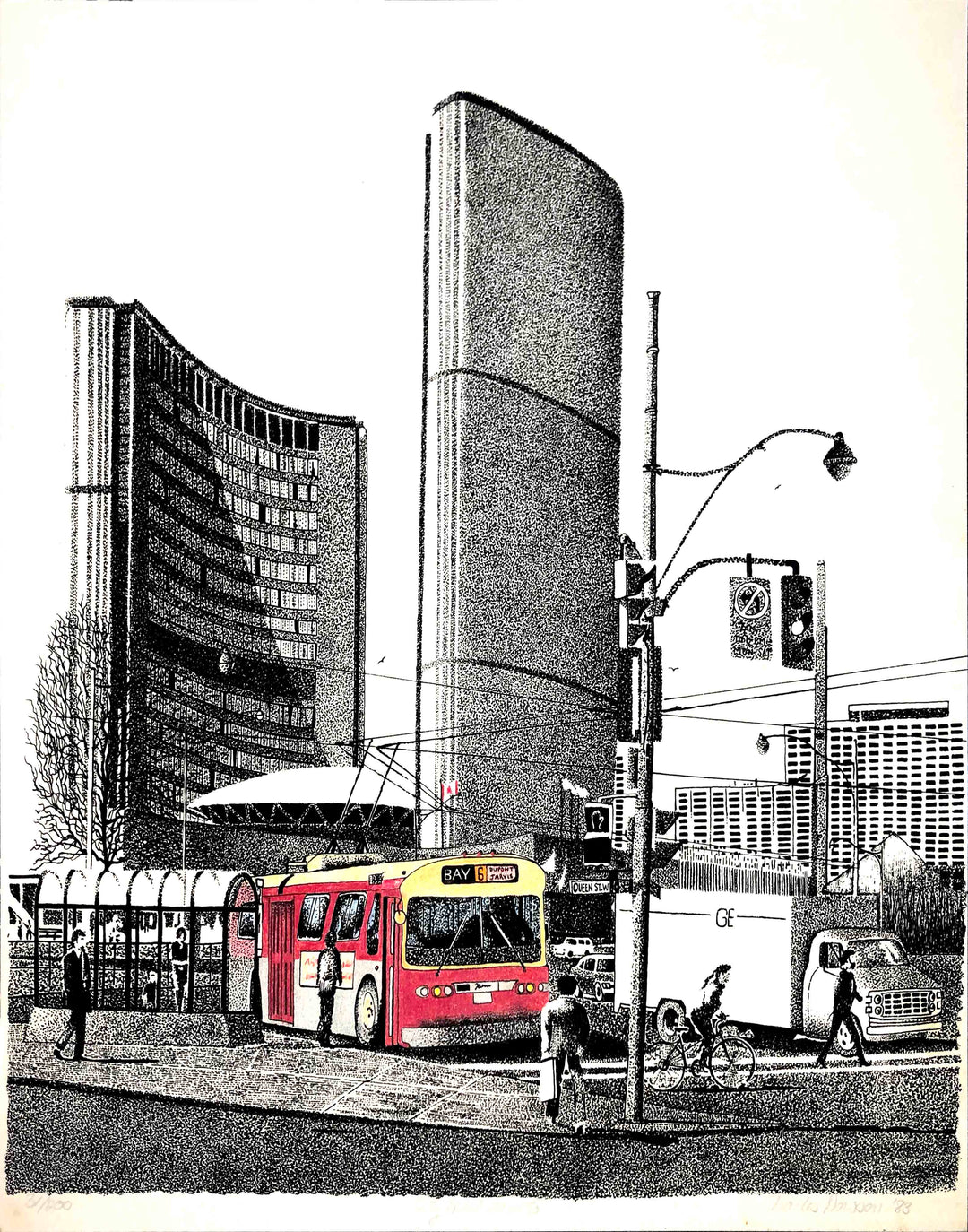 A black and white, point and line drawing of toronto city hall. There are two, tall, curved buildings across from each other in the background on a white sky. On the street below is a truck and a red toronto transit bus. there are people there, one getting on the bus, another two crossing the road. one has a bike.