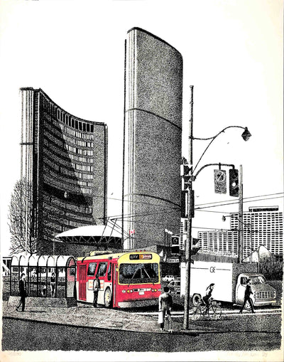 A black and white, point and line drawing of toronto city hall. There are two, tall, curved buildings across from each other in the background on a white sky. On the street below is a truck and a red toronto transit bus. there are people there, one getting on the bus, another two crossing the road. one has a bike.