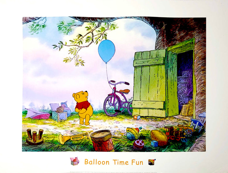 Winnie the Pooh, a yellow bear in a red shirt, looks up at a blue balloon by a tree with a door.