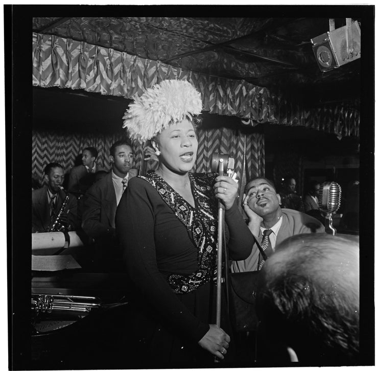 Black and white portrait of Ella Fitzgerald, Dizzy Gillespie, Ray Brown, Milt (Milton) Jackson, and Timmie Rosenkrantz. Playing at Downbeat, New York, N.Y. (1947)