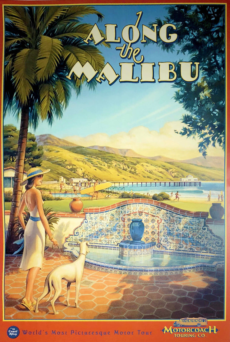 A travel poster which reads "Along the Malibu." A woman in a white dress with a white dog stands by a mosaic fountain. Palm trees stand by her. In the distance are rolling, green hills and other vacationers. 
