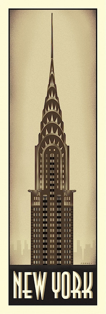 A sepia illustration of the Chrysler Building. 'New York' is labeled under the building.