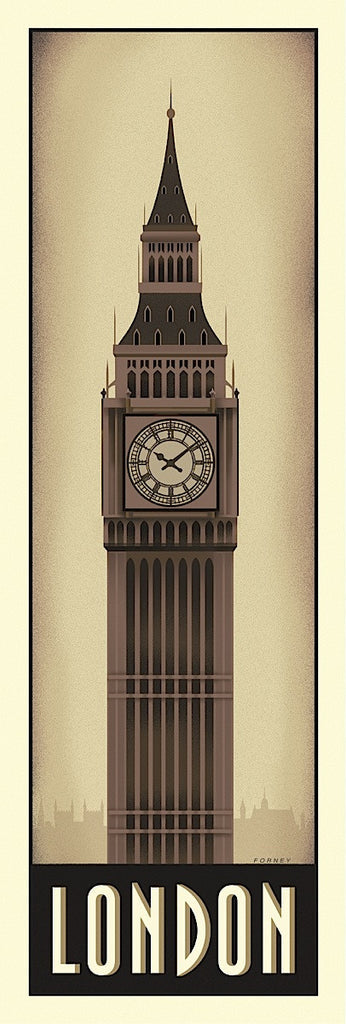 A sepia illustration of Big Ben/The Elizabeth Tower clock tower. 'London' is labeled under the building.